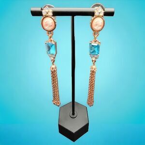 NWT Vintage 4" Betsey Johnson Cameo Blue Rose Gold-Tone Dangle Chain Earrings